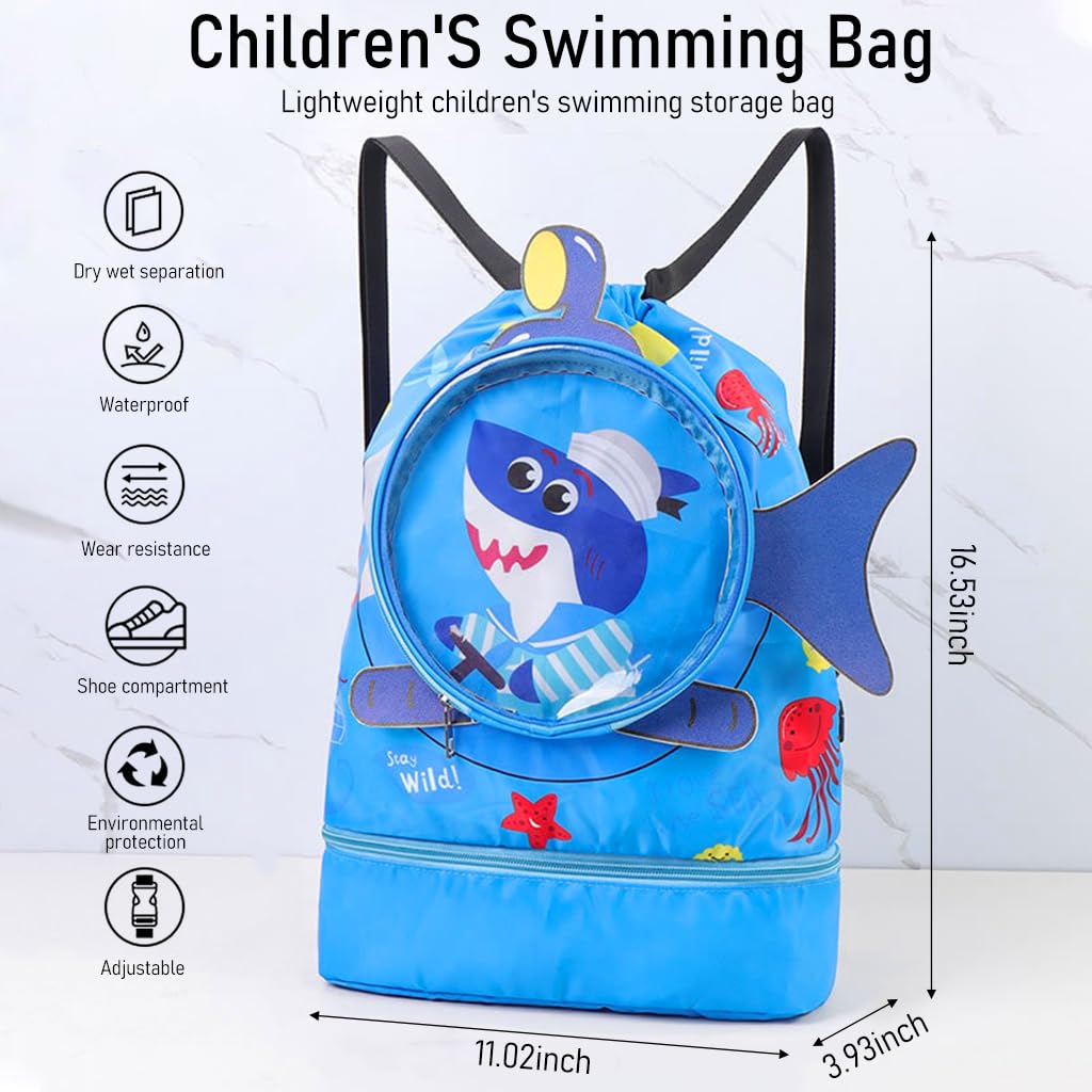 PALAY® Swimming Bag for Kids Cartoonish Print Shoulder Bag for Kids Large Capacity Backpack for Girls Boys Wet Dry Separation Drawstring Bag Beach Bag for Clothes, Swimming Goggles, Shoes, Blue