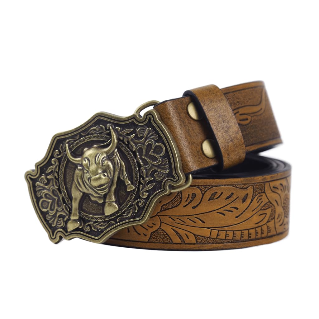 GUSTAVE Vintage PU Leather Belt for Men featuring Alloy Bull Buckle and 49 in Length | Brown Embossed Design for Casual and Formal Wear