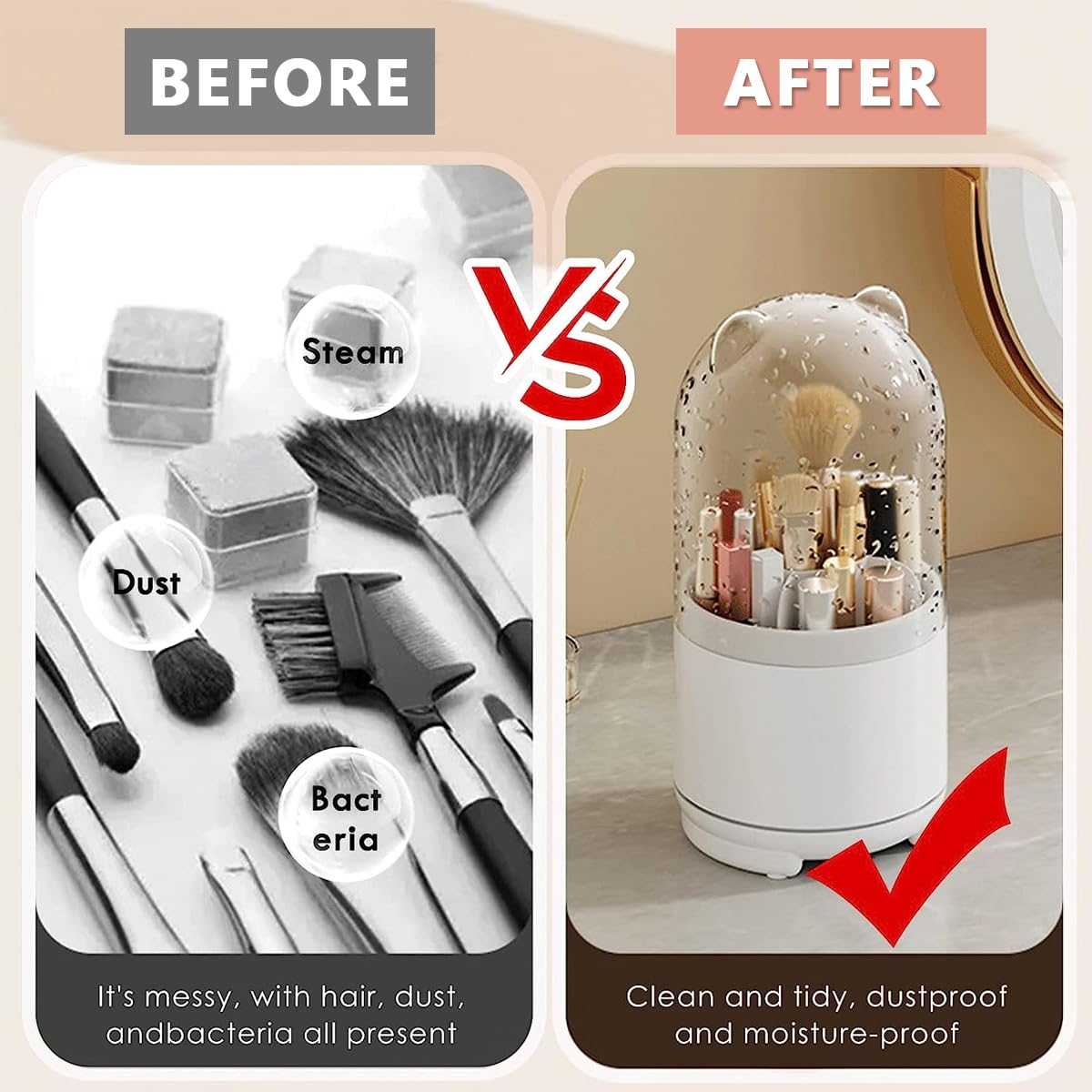 MAYCREATE Makeup Brush Holder Organizer for Vanity with 360° Rotating 5 Slots and Clear Lid