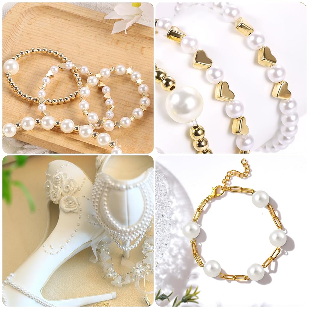 SANNIDHI® 2 Boxes 720pcs Pearls Beads for Jewellery Making Kit, Pearl Beads for Bracelet Making, Assorted Sizes Pearl Round Set Spacer Charms Golden with Tools DIY Crafts Earrings Necklace