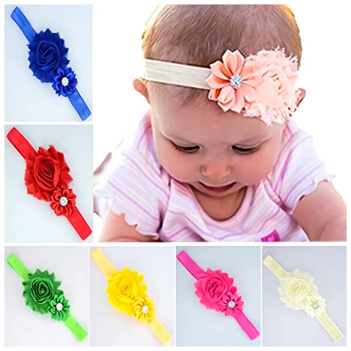 PALAY  Baby Girls Hairband Pearl Crystal Rhinestone Flower Bow Lace Band Elastic Baby Headbands for Baby Girl, Pack of 10 - Multicolor