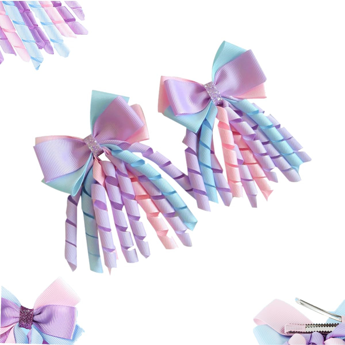 PALAY Ribbon Bow Hair Clips for Girls featuring Curly 3 in Design and Purple Ribbon | 2pcs Set