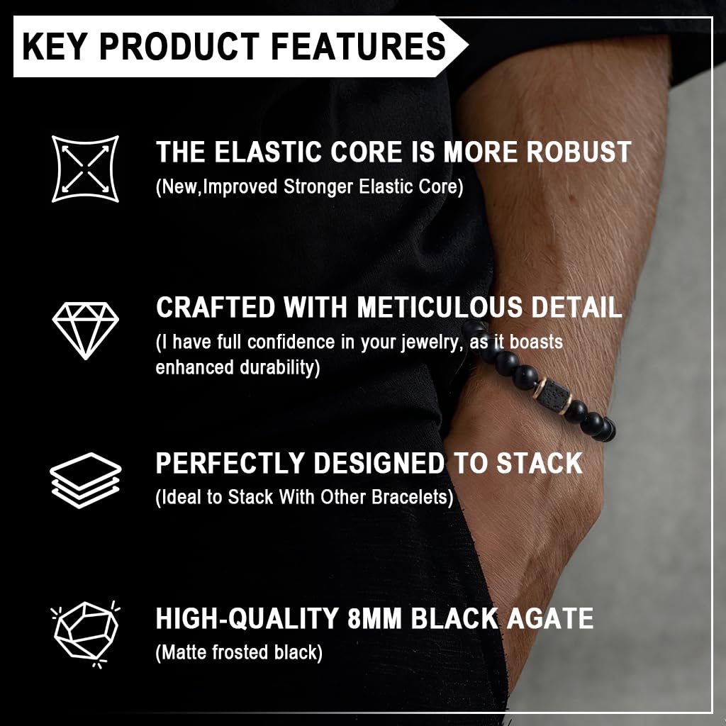 GUSTAVE Black Natural Stone Beaded Bracelet for Everyday Wear with Lava Stone Accents | Stretchy Comfort Fit and Stylish Healing Accessory