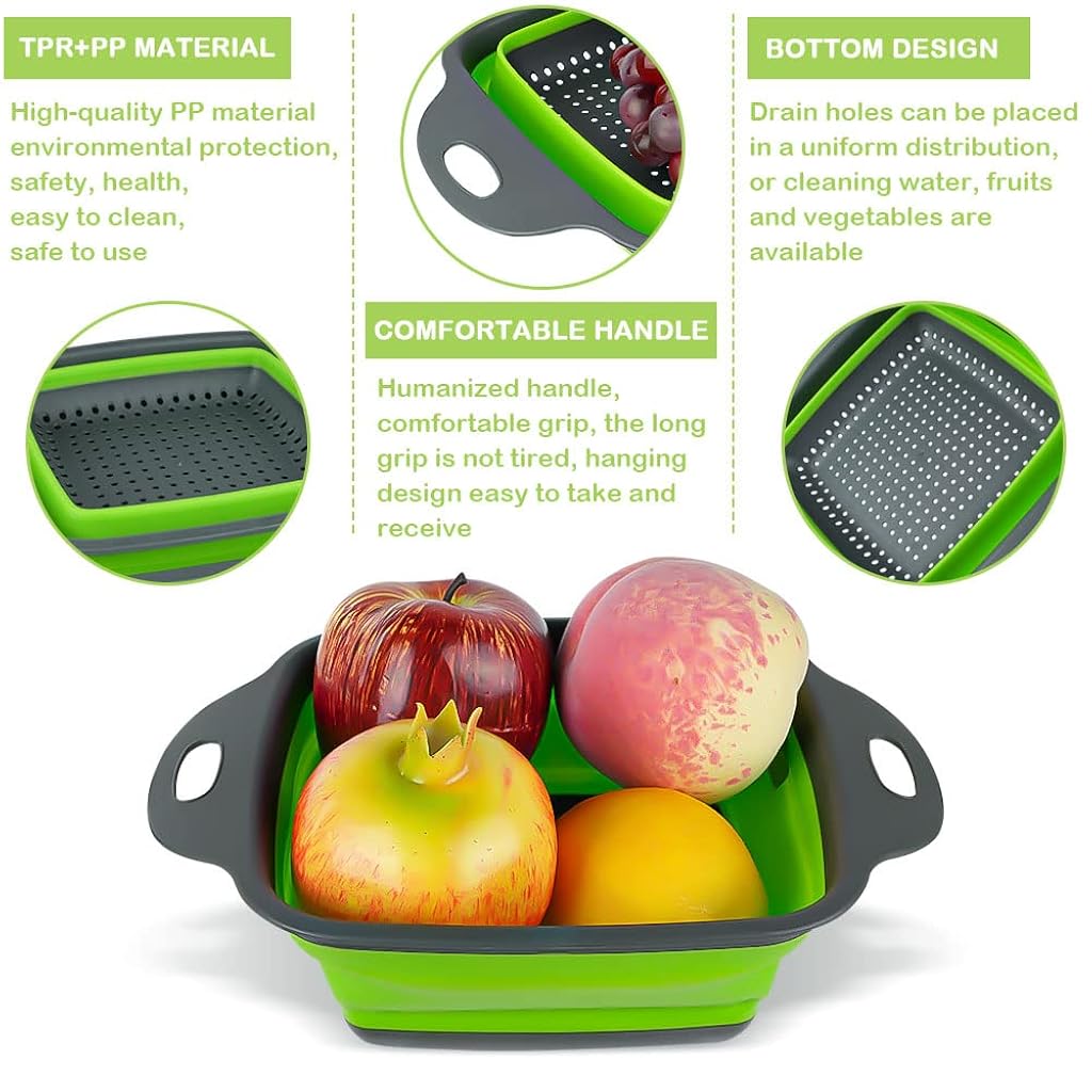 Supvox® 2-Piece Foldable Silicone Square Retractable Drain Basket Filter Set, Green-Green