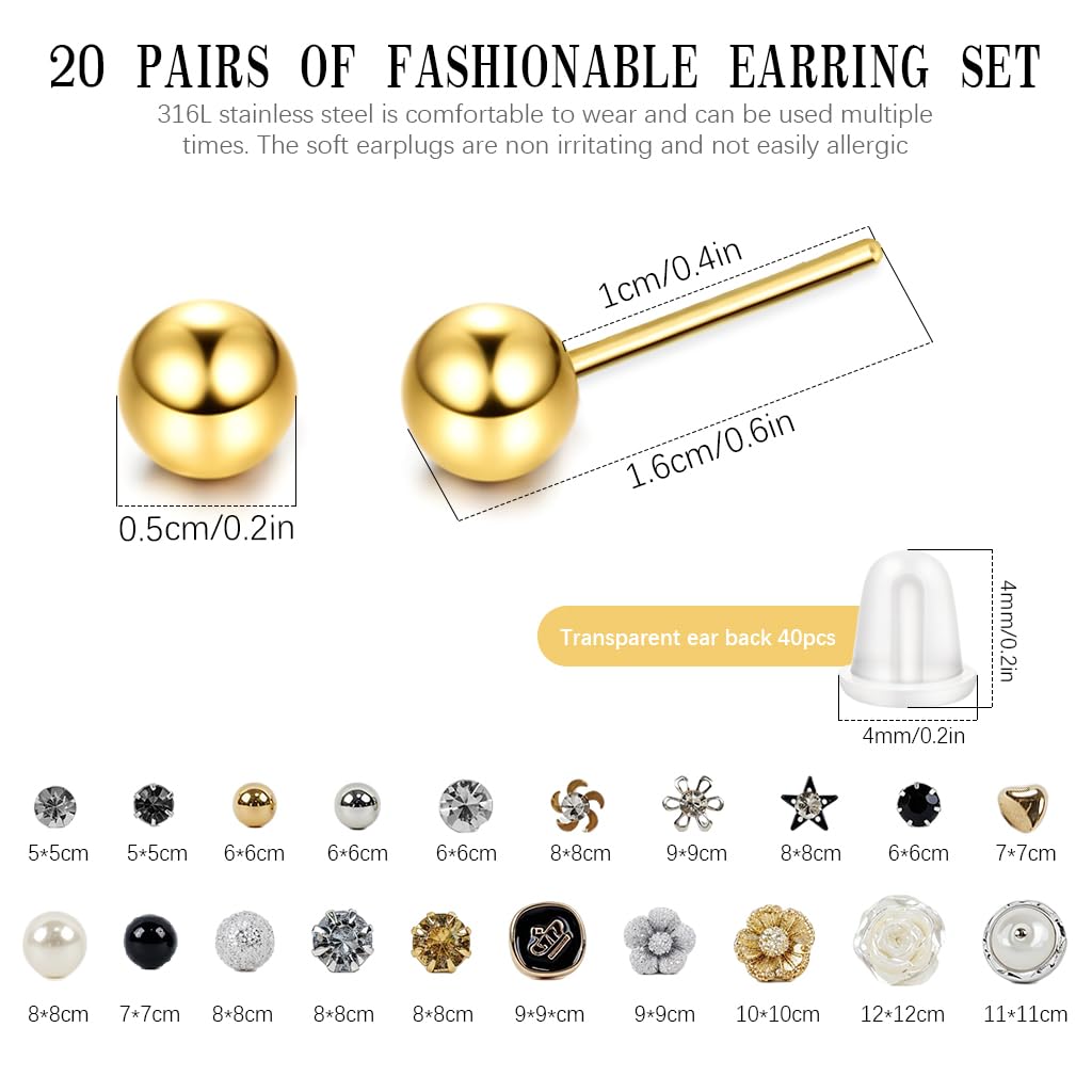SANNIDHI Earrings Set for Women with 20 Pairs Crystal and Pearl Studs | Hypoallergenic Gift Combo