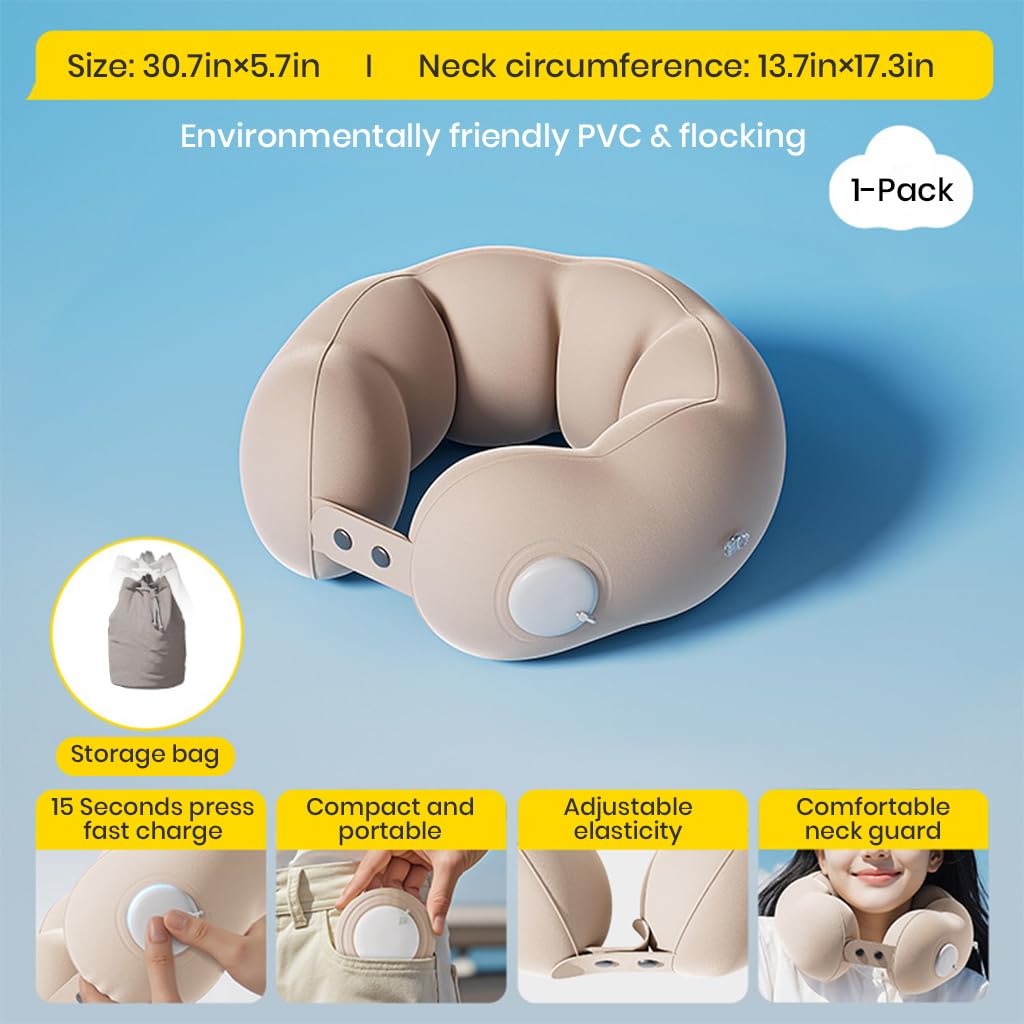 HANNEA Inflatable Travel Neck Pillow for Airplane and Car with Dual Snap Closure | Ultra Soft Flocking Cushion