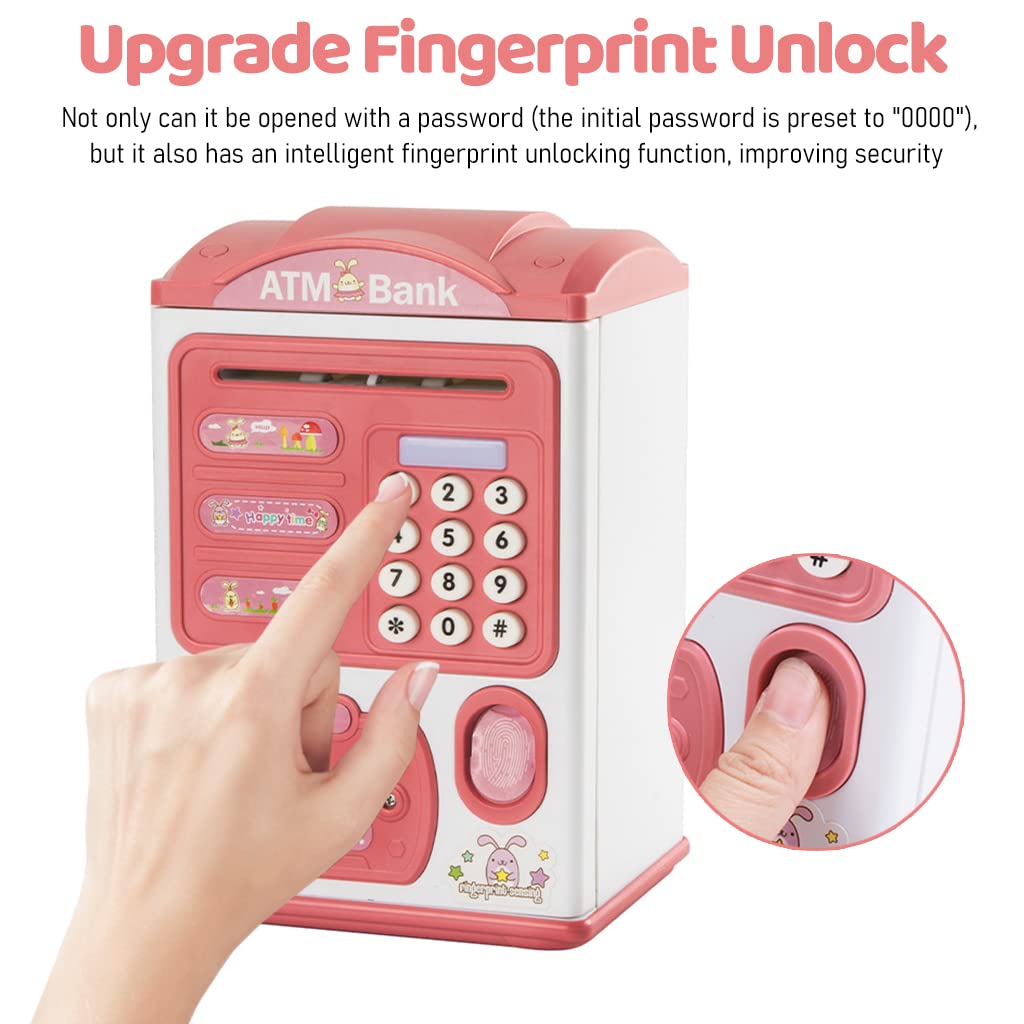 PATPAT Electronic ATM Piggy Bank for Kids with Password and Fingerprint Lock 13.5×11.5×20cm Pink | Fun Money Saving Toy