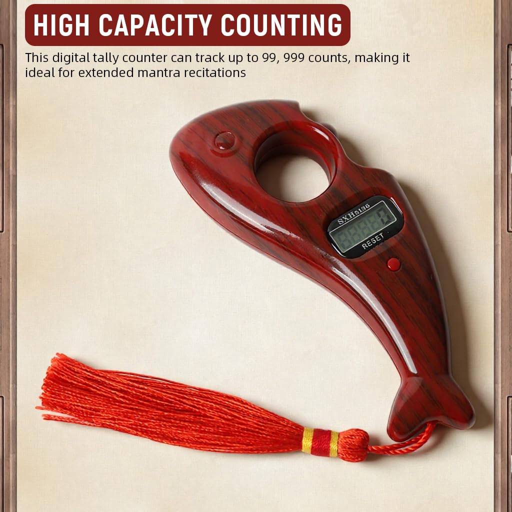 Proberos Digital Tally Counter for Spiritual Practices with 99,999 Count Capacity | Wooden Grain Fish Shape Design and Rolling Prayer Beads