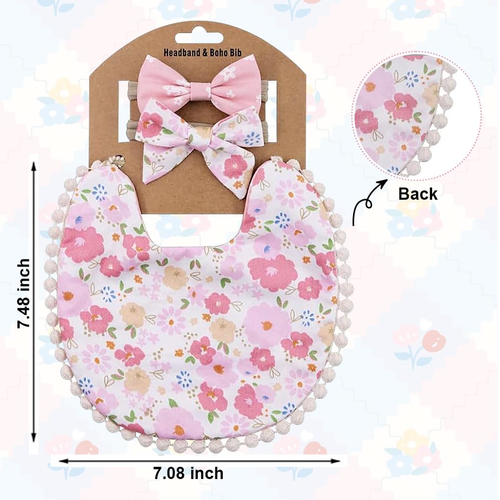 SNOWIE SOFT Feeding Bib Set Flower Print Baby Girls Cloth Drooling Bib with 2Pcs Bow Hairband Hair Bands Tie Back Saliva Bib Baby Bib Washable Bib Baby Bibs for 6 to 12 Months Baby Feeding Products