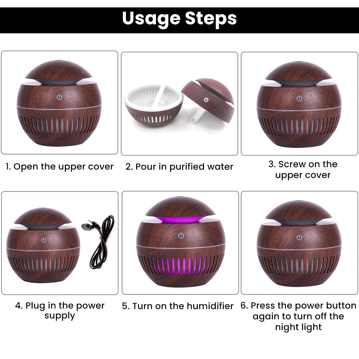 HANNEA Humidifier for Room featuring Smart Touch Switch and 7 Color LED Light | 130ML Wood Grain USB Aroma Diffuser