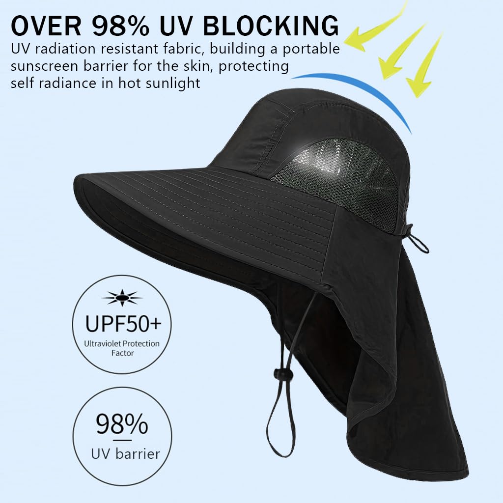 GUSTAVE Sun Hat for Hiking and Gardening with Wide Brim and Neck Flap UPF 50+ | Breathable Quick-Dry Polyester Adjustable Fit Black