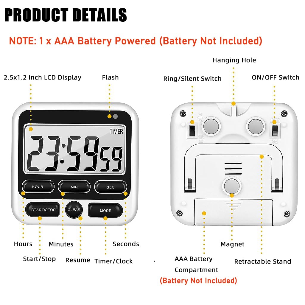 HASTHIP® LCD Digital Kitchen Timer Magnet Alarm Clock 24hs Countdown Timer Time Reminder Baking Timer with Folding Bracket Battery Powered Timer for Kitchen, Study, Working Out (Battery Not Included)