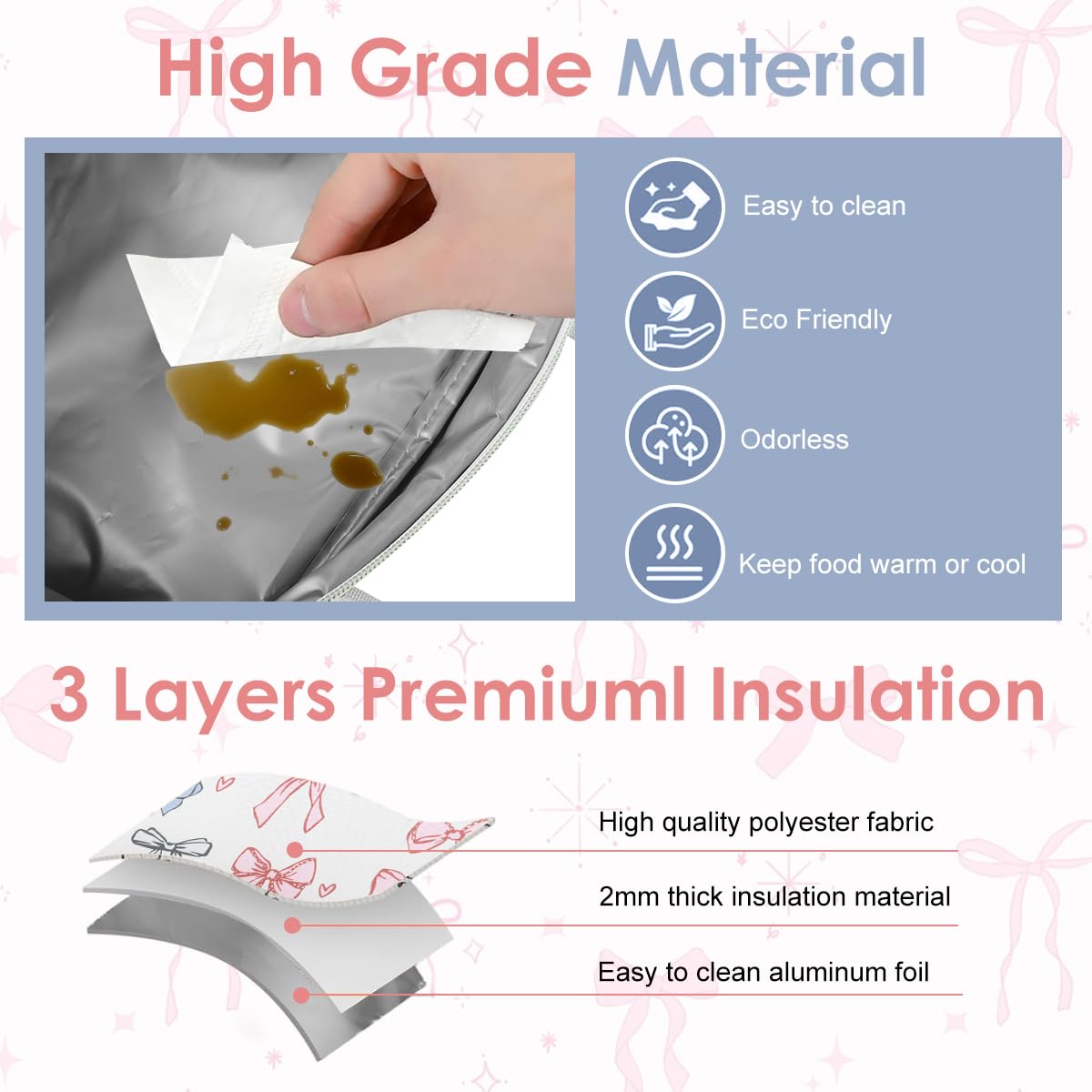 HASTHIP Insulated Lunch Tote Bag for Work and Picnic featuring Ribbon Bow Print 25x15.5x21cm