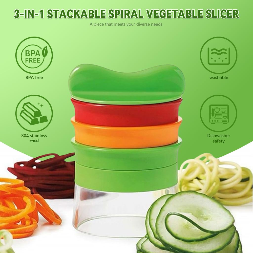 Supvox® 3 in 1 Stackable Spiral Vegetable Slicer, Stainless Steel Manual Grater & Slicer with 3 Interchangeable Blades & Guard Handle, Spiralizer for Veggies Noodles