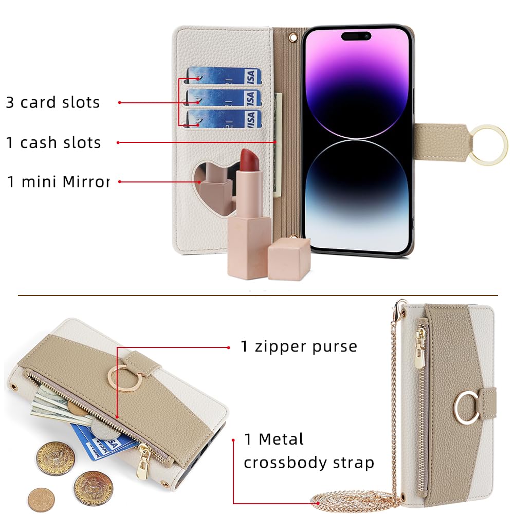 ZORBES® Leather Phone Case for iPhone 15 Pro Fashion Women Flip Wallet Phone Case with Cash Zipper Pouches & Card Holders Multifunctional PU Leather Flip Phone Case with Removable Chain Strap