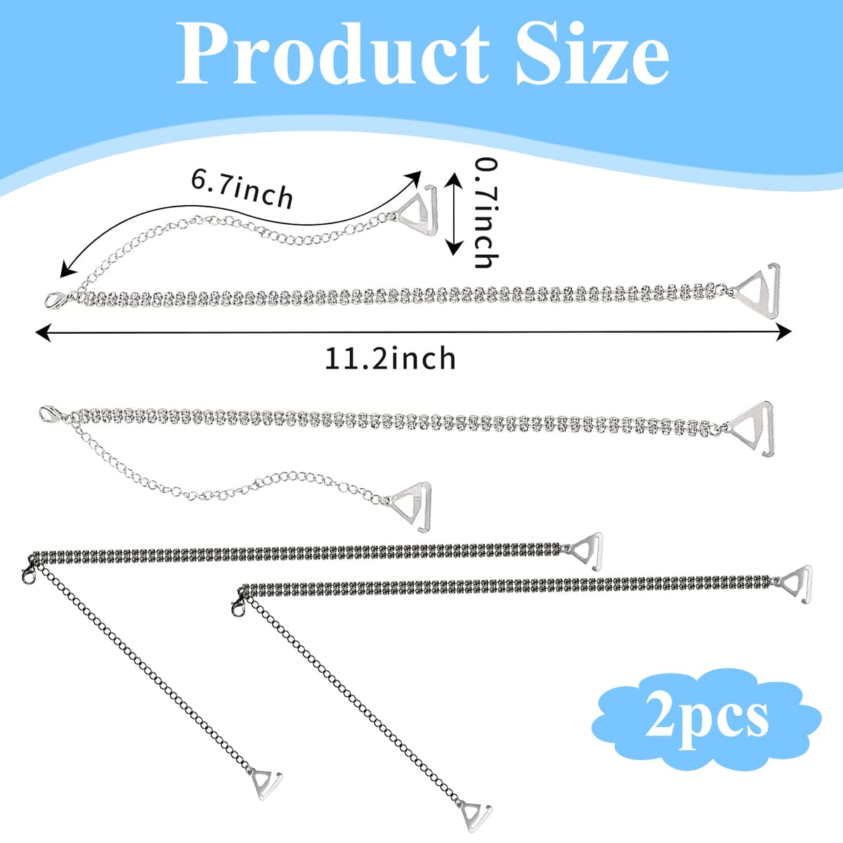 MAYCREATE Metal Bra Straps for Evening Dress with Dual Metal Hooks and Rhinestones | Adjustable 28–43 cm Black and Silver