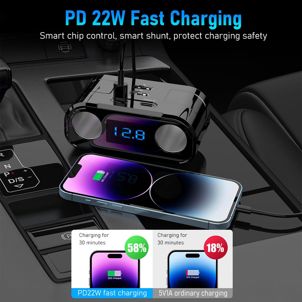 STHIRA Car Charger, 60W Cigarette Lighter Splitter with PD 22W Type-C, QC USB Ports, 12V/24V Car Charger Car Lighter Adapter with LED Voltage Display Car Charger Fast Charging for GPS Phone