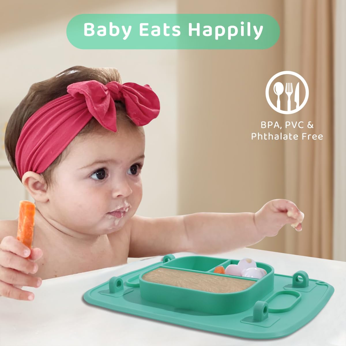 SNOWIE SOFT® Baby Foodplate BPA-Free Silicone Baby Feeding Set Anti-flip Suction Plates for Baby, Kids Plates for Food with 4 Silicone Straps for Hanging Teether Toy, Soother