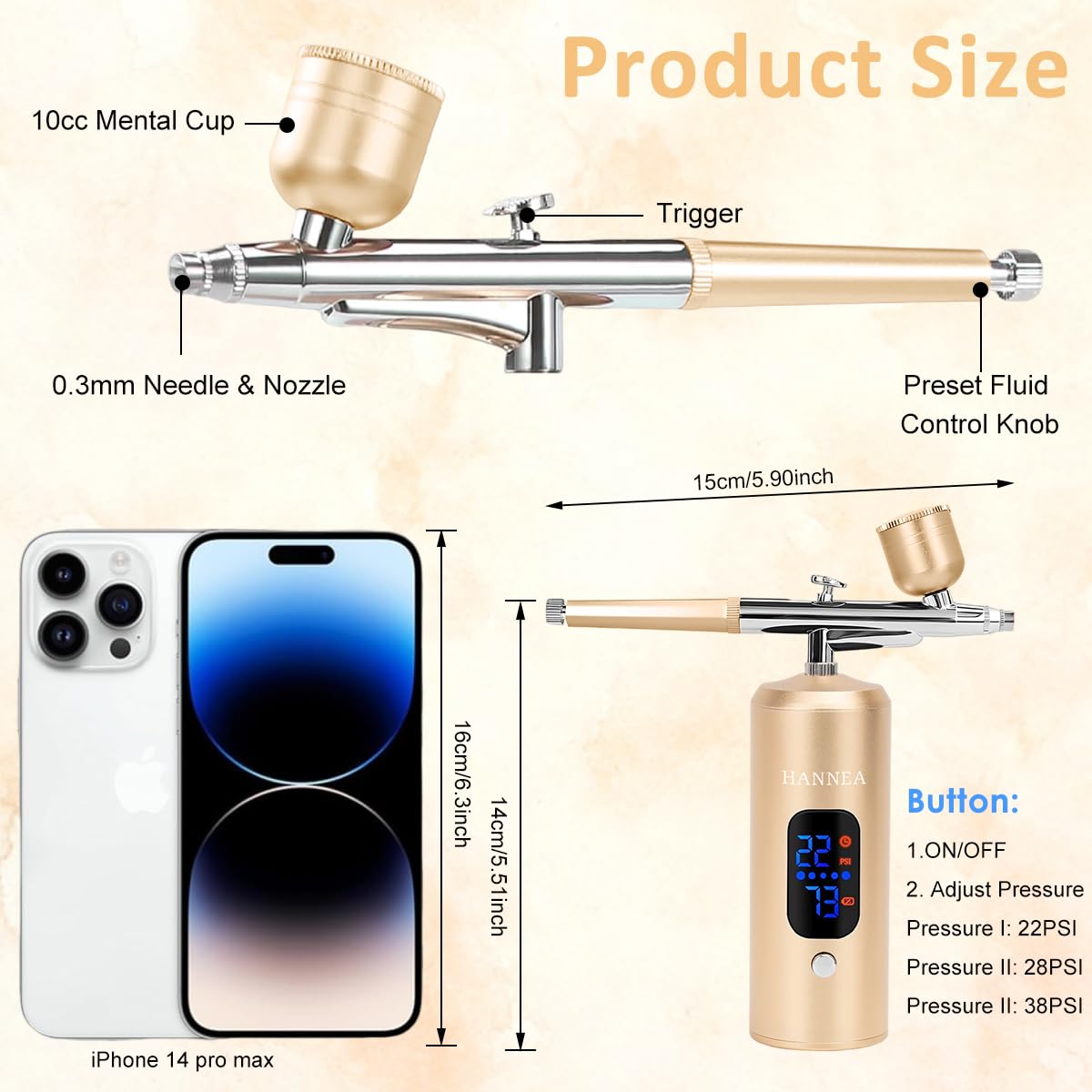 HANNEA Electric Airbrush Kit for Makeup and Painting featuring LCD Display and 22–38 PSI