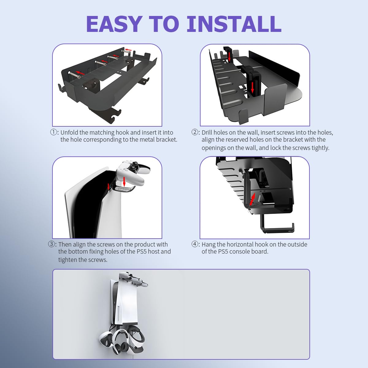 Wall Mounted Storage Bracket for PS5 Console with Screw Set and Metal Hooks | Space Saving Organizer for Controller and Headset