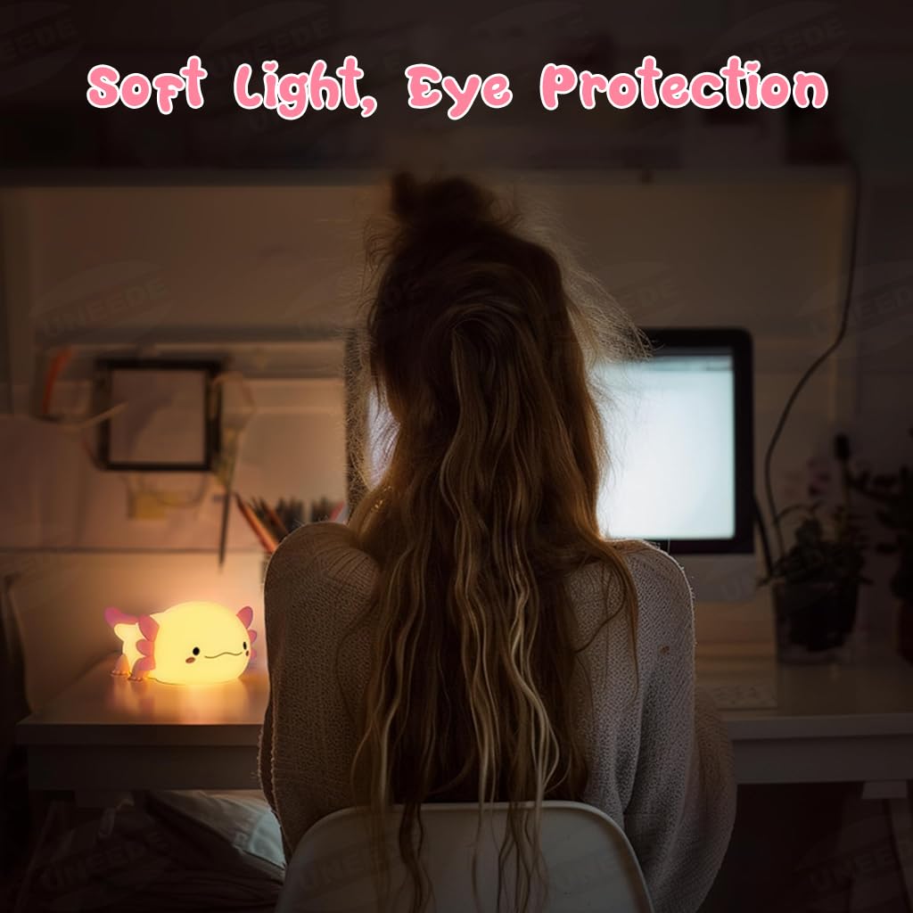 ELEPHANTBOAT Axolotl Night Lamp for Kids with 15min Auto Off Timer and Soft Silicone Light | USB Rechargeable LED Bedside Lamp