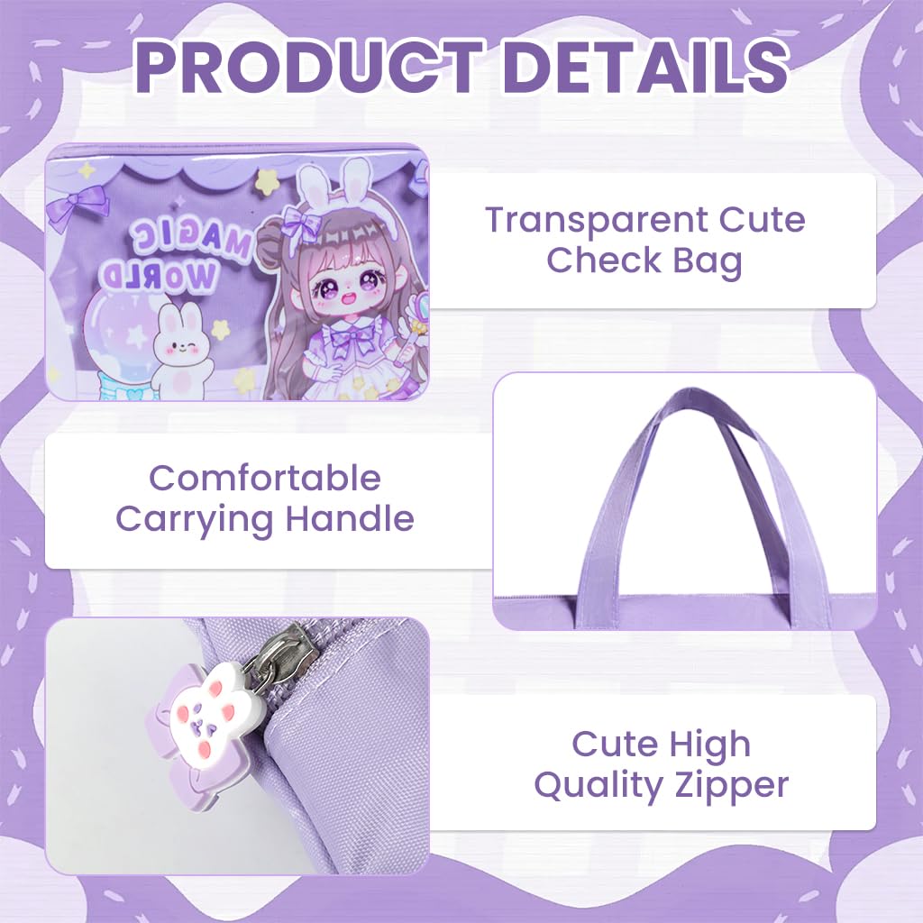 Zibuyu Tote Satchel Bag for School or Work with 13.8 x 10.6 in 3 Layer Capacity | Clear Pocket & Cute Cartoon Zippers