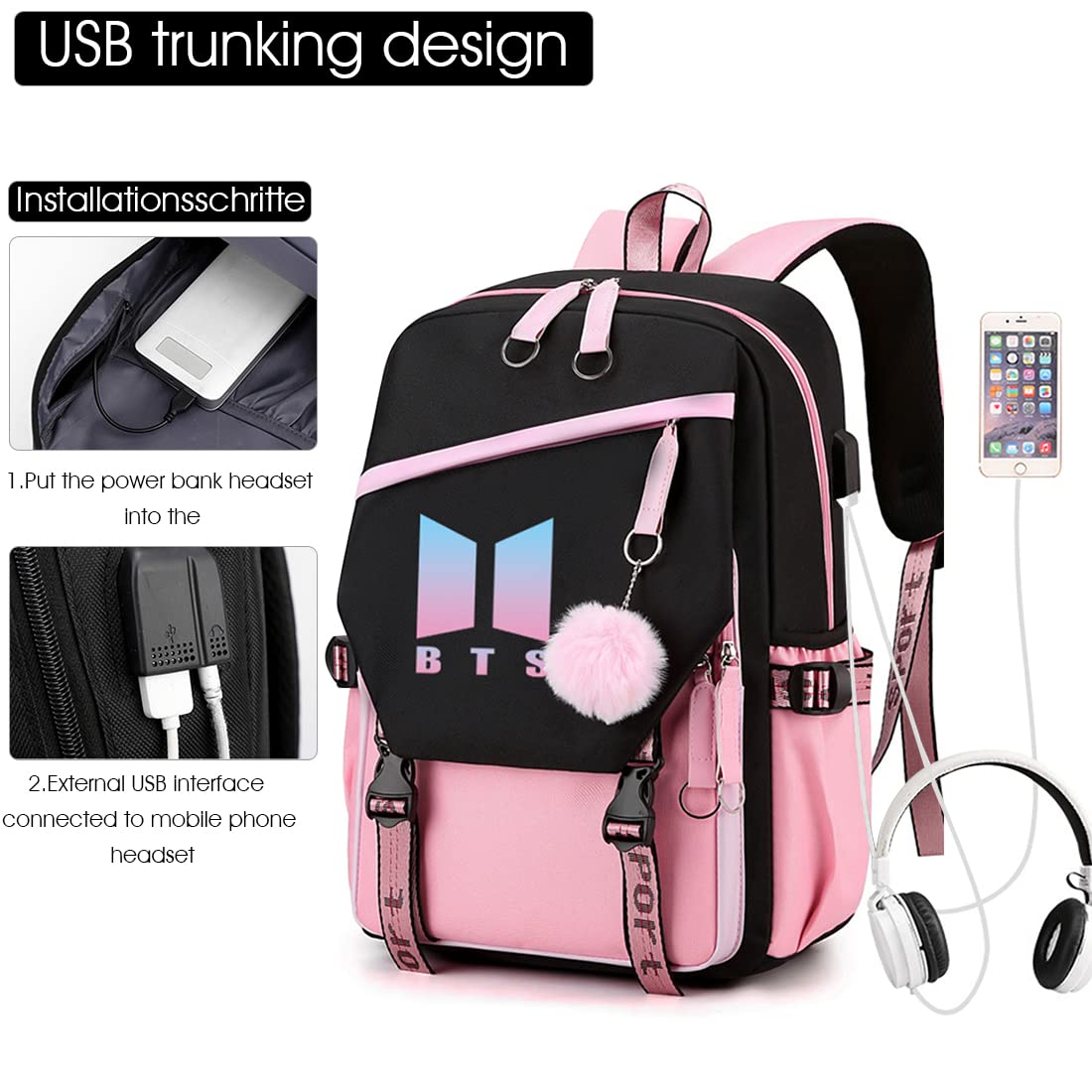 PALAY  BTS Backpack for Boys Kpop BTS Bangtan School Backback for Student with Cable Vent, Backpack Travel Bag Backpack Laptop Bag