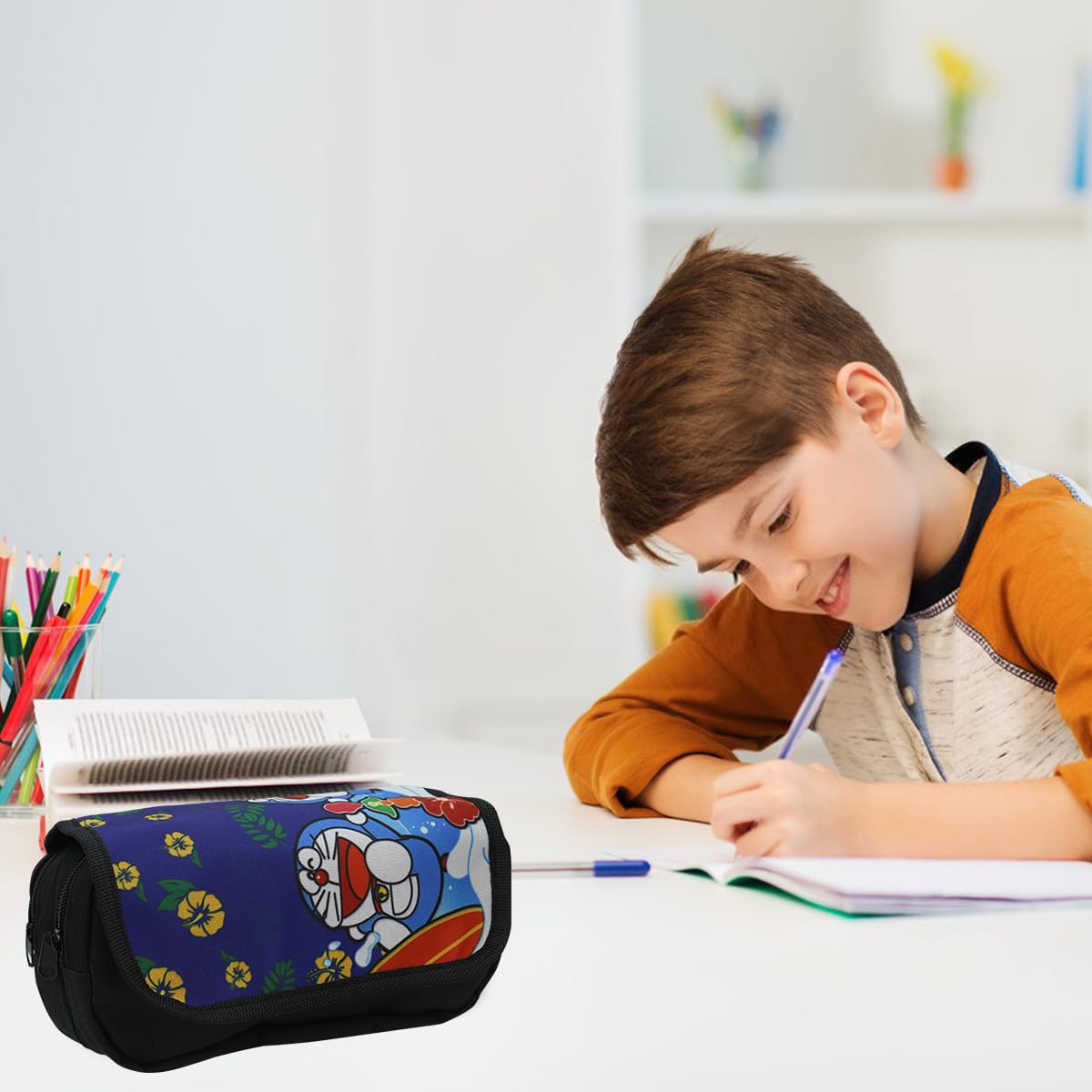 Fancyku Doraemon Pencil Case for Students with Two Large Compartments and PU Cover | Kids Gift