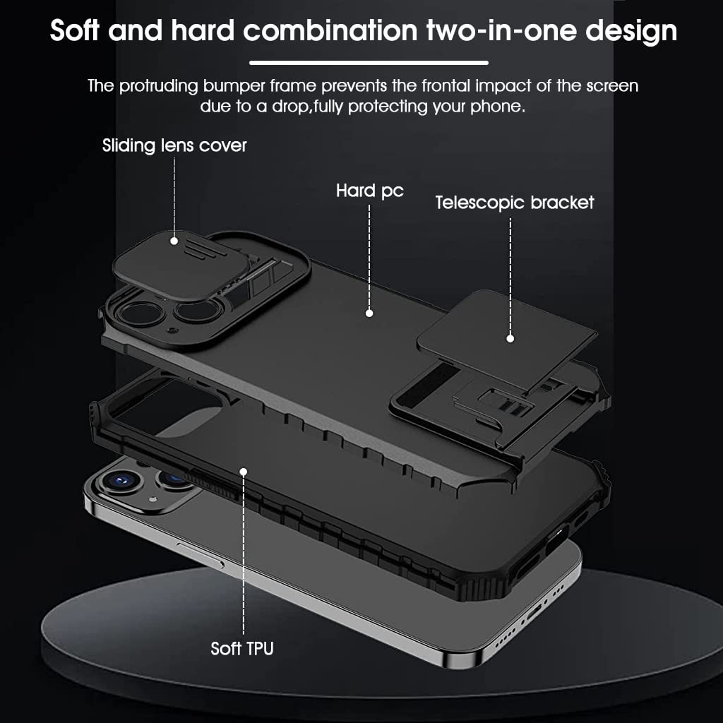 ZORBES Phone Case for iPhone 13 with Slide Camera Cover and Built-In Kickstand | TPU Shockproof Protection