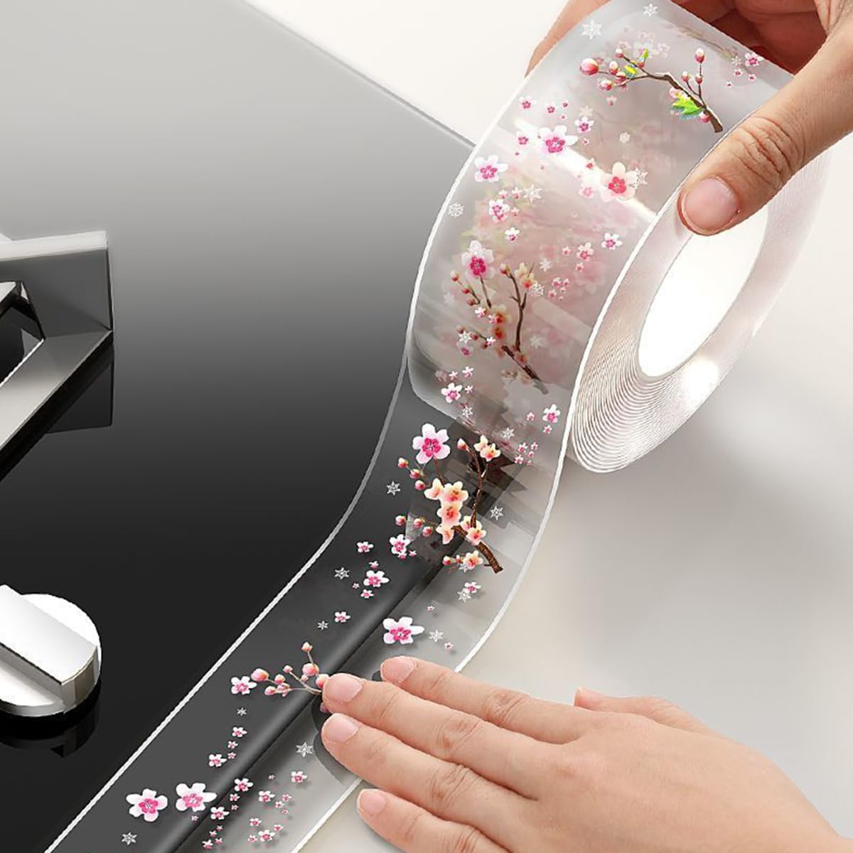 HASTHIP PVC Trim Tape 1.65 inches x 9.84 ft Transparent Plum Blossom Decorative Waterproof Trim Tape Edge Tape Self Adhesive Waterproof Multi-Purpose Sealing Strip Edge Tape for Kitchen, Sink, Wall