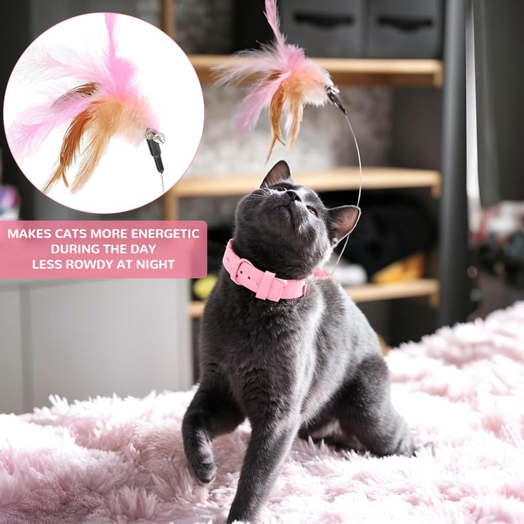 Qpets Cat Collar for Indoor Play with 23cm Steel Wire Feather Toy & Bell | Adjustable Rubber Fit 18–27cm