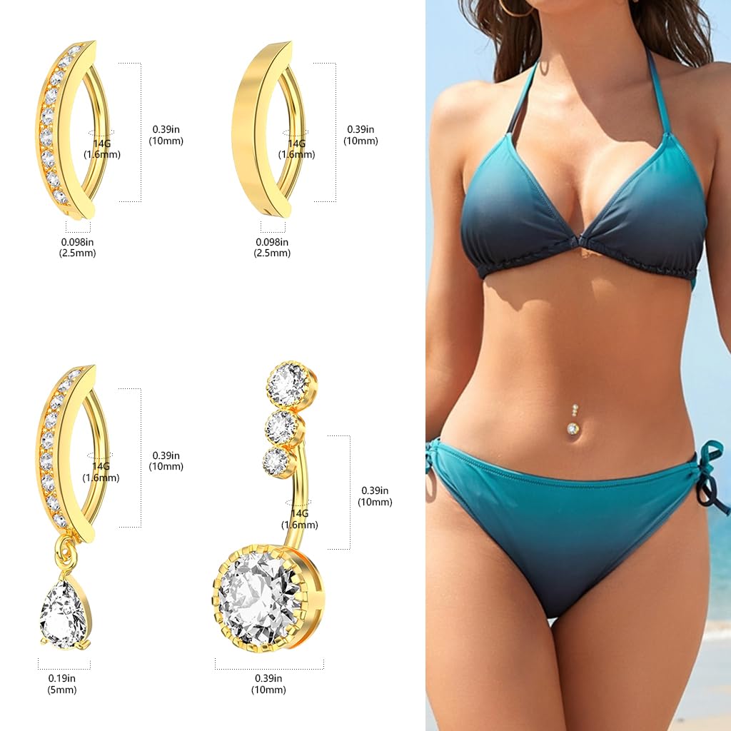 SANNIDHI Belly Button Rings for Women with Reverse Design and Rhinestone Set of 4 | Surgical Stainless Steel Piercing Jewelry