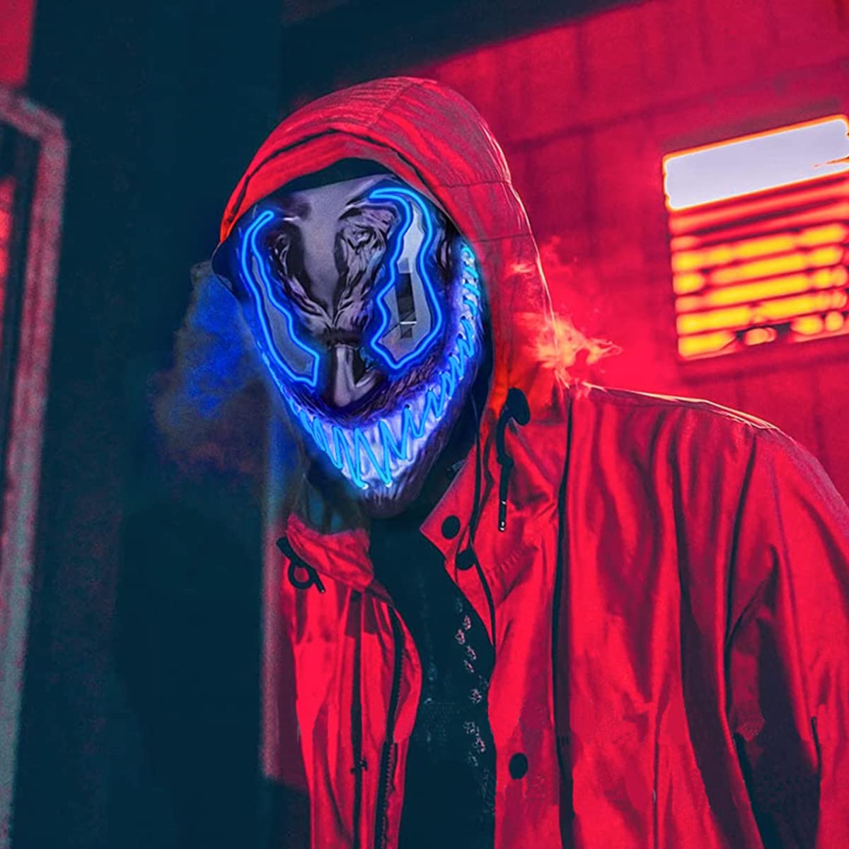 ELEPHANTBOAT LED Halloween Mask for Cosplay and Parties featuring 3 Light Modes 19×22cm | Blue Neon Glow Eyes for Adults and Kids