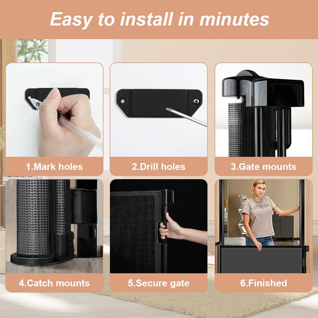 SNOWIE SOFT Retractable Baby and Pet Safety Gate for Stairs and Doorways with Lock System 33×59 Black