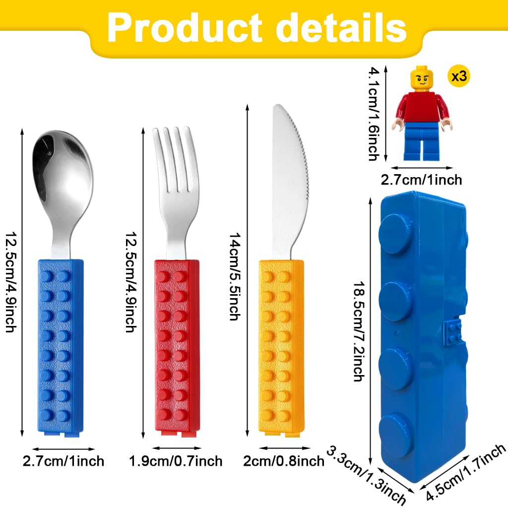 Supvox Kids Cutlery Set for Mealtime Fun with Colorful Building Block Handles and 3 Pieces