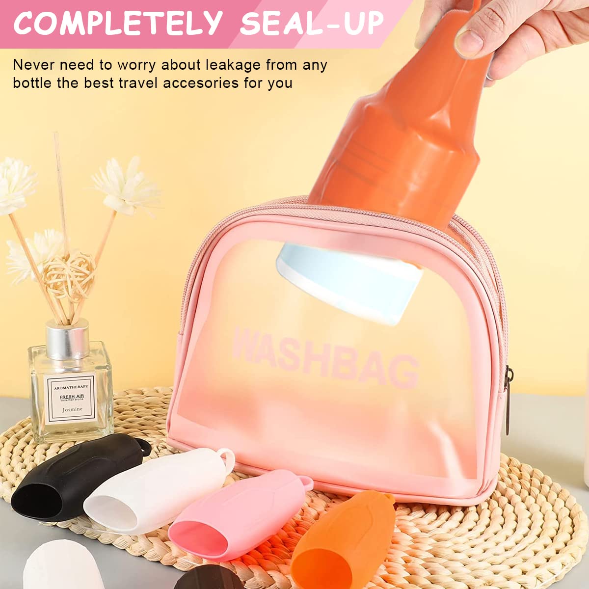 MAYCREATE Elastic Travel Bottle Sleeves for Toiletries with Pull Handle | 8Pcs Reusable Silicone Leakproof Covers