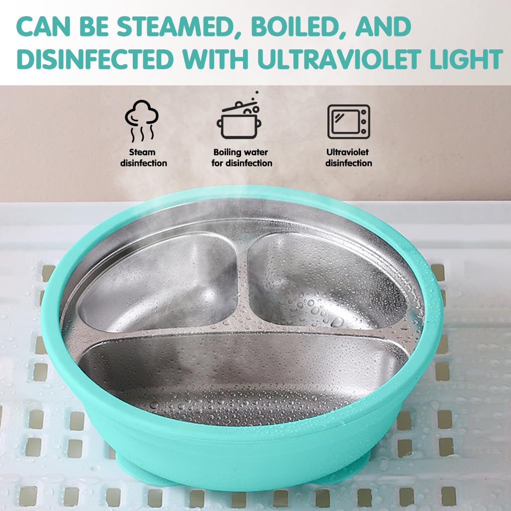 HASTHIP Kids Food Plate for Toddlers with Strong Suction Cups featuring 3 Compartments | 6.2 in Stainless Steel