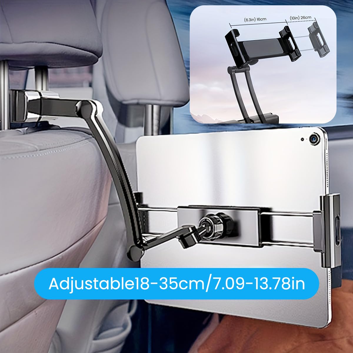 STHIRA® Tablet Holder for Car Back Seat 360° Rotation Aluminum Alloy Retractable Tablet Holder Secure Spring-loaded Clip On Design Universal Tablet Holder for Fits All Tablets