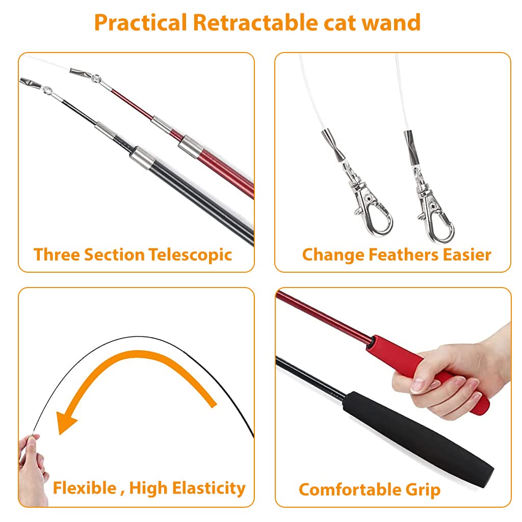 Qpets® Cat Teaser Toy, Feather Toy for cat 11 Pcs Cat Toy Set with 2 Retractable Teaser Wand & 5 Feather Teaser Toy & 4 Worm Teaser, Interactive Cat Toys for Kitten to Play Chase Activity Exercise