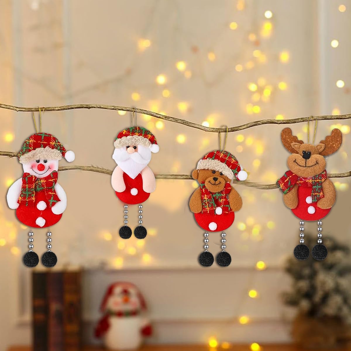 HASTHIP® 4Pcs Christmas Tree Ornaments Cartoonish Christmas Hangings Christmas Home Decor Snowman Elk Santa Claus Hangings Christmas Ornaments for Christmas Tree, Door, Window, 17x8cm