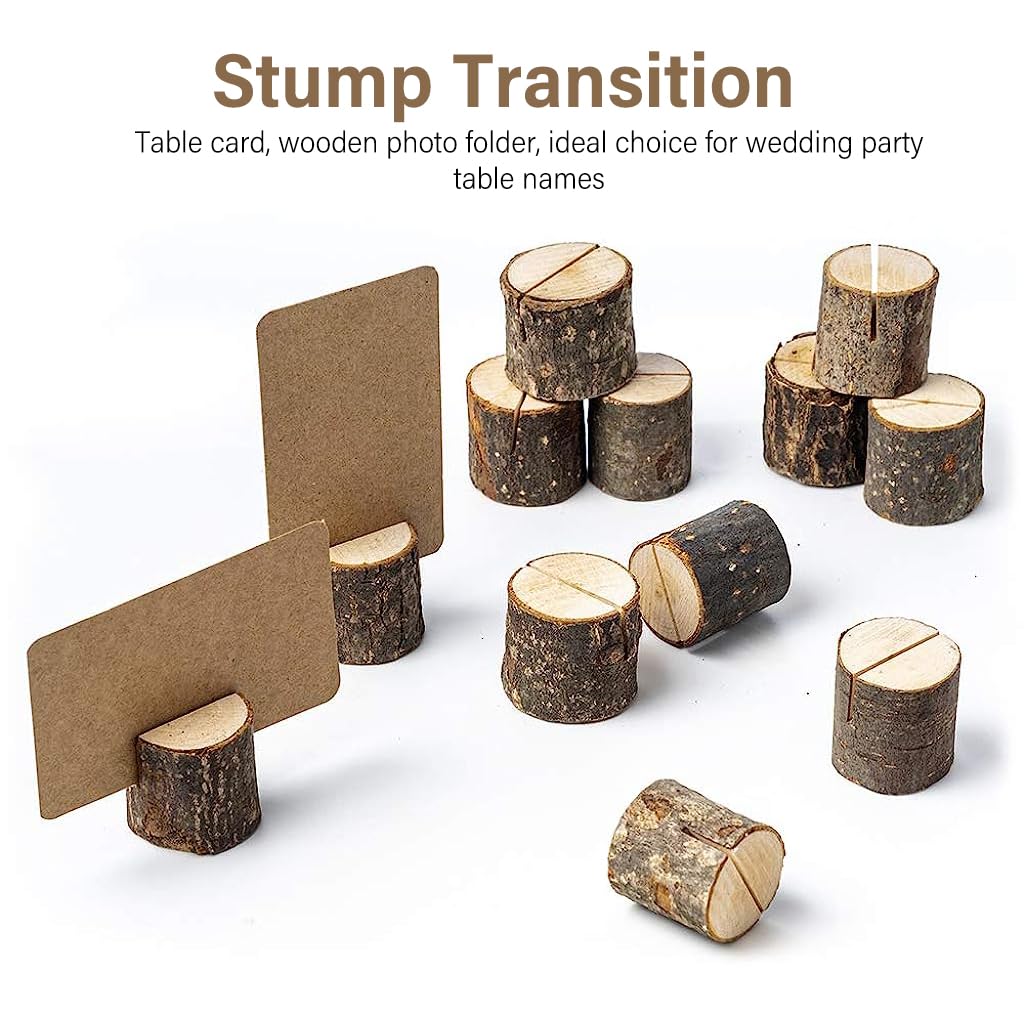 HASTHIP Mini Wood Place Card Holders for Weddings with Tree Stump Design and 10Pcs Cards