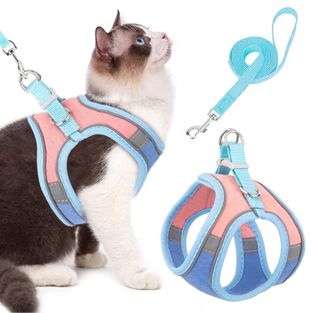 Qpets Cat Harness with Cat Leash for Walking, Adjustable Soft Sturdy Faux Suede Escape Proof Kitten Vest Harness and Leash with Reflective Strip for Large Medium Small Cat(Blue, Pink, M)