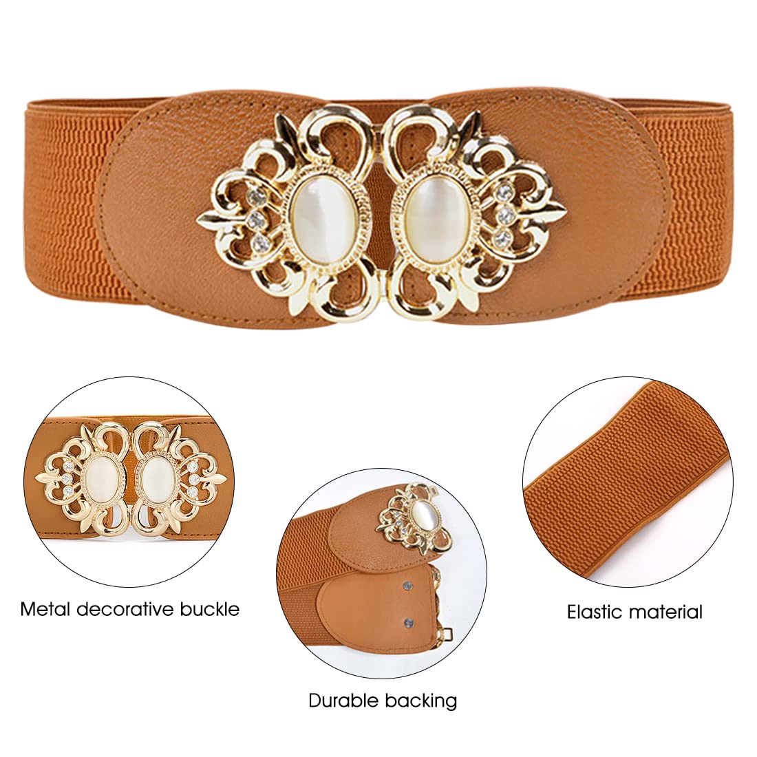 PALAY Brown Stretchable Elastic Waist Belt for Dresses with 4 cm Width and Metal Interlocking Buckle | Stylish Fit for Women and Girls