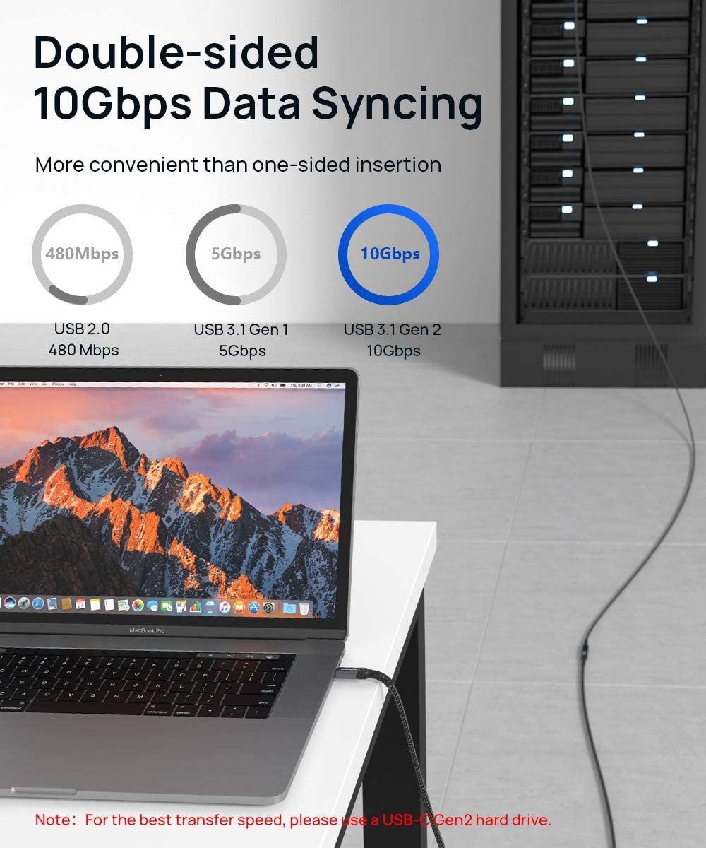 JSAUX Type C Extension Cable 6.5Ft for Fast Charging and 10Gbps Data | Metal Connectors