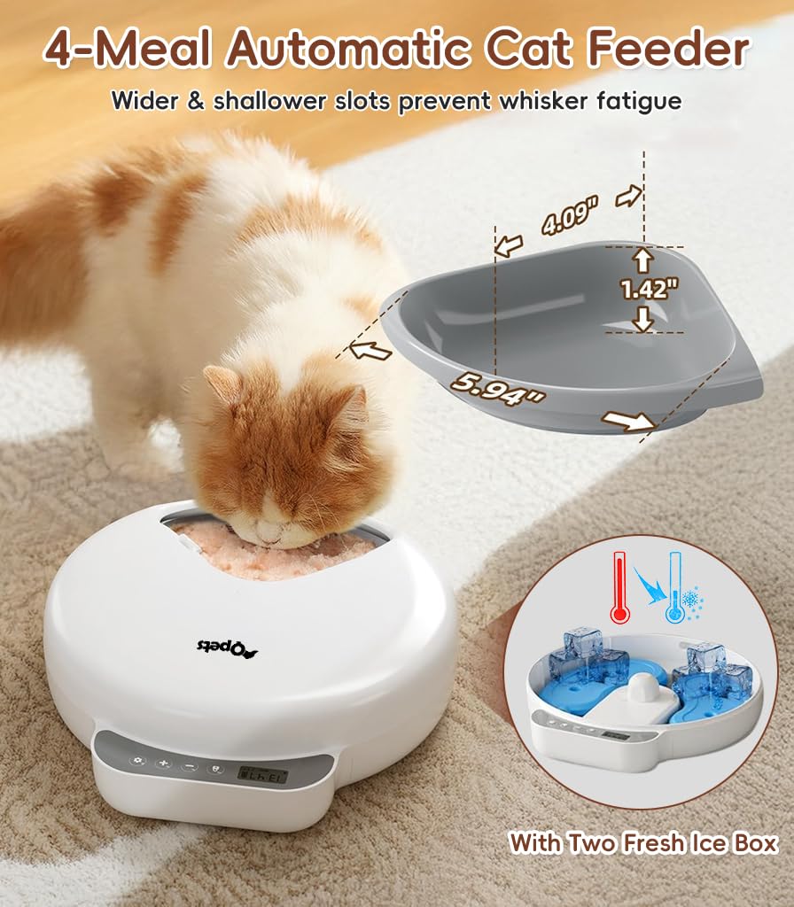 Qpets Automatic Cat Feeder for 4 Scheduled Meals with 960ml Capacity and Ice Box Insert