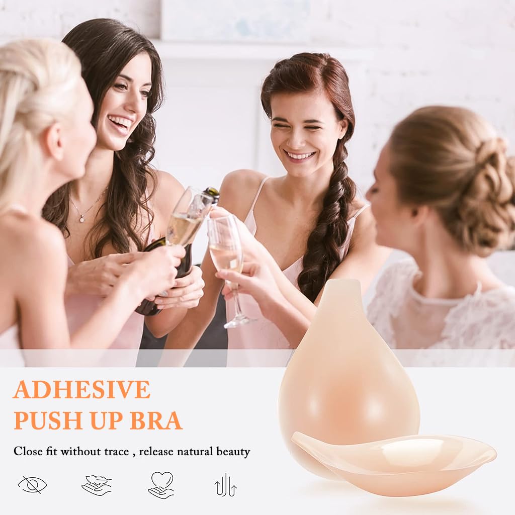 MAYCREATE® Adhesive Bra, Strapless Sticky Bra Push Up Invisible Lift Up Bra Reusable Invisible Silicone Bra Stick on Bra Adhesive Backless Strapless Push Up Bras, L, Beige