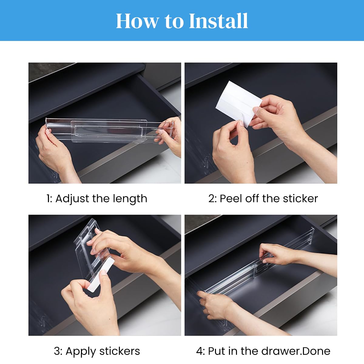 HASTHIP Drawer Dividers for Kitchen and Office Organization featuring Adhesive Backing and 11–20 in Adjustable Design | Clear 3.2 in High Divider Strips