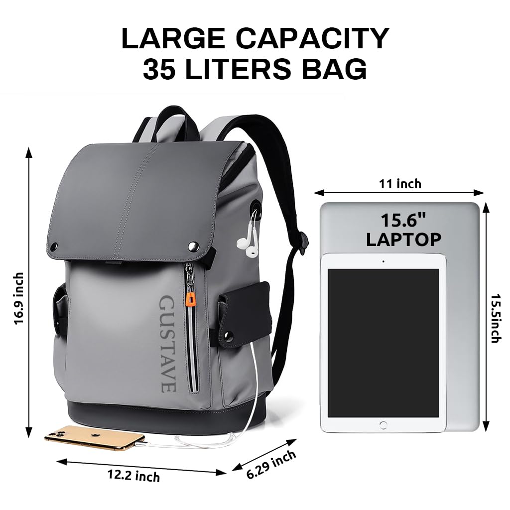 GUSTAVE Laptop Backpack for Business and Travel with USB Charging Port and Waterproof Polyester | Fits 15.6 Inch Laptop