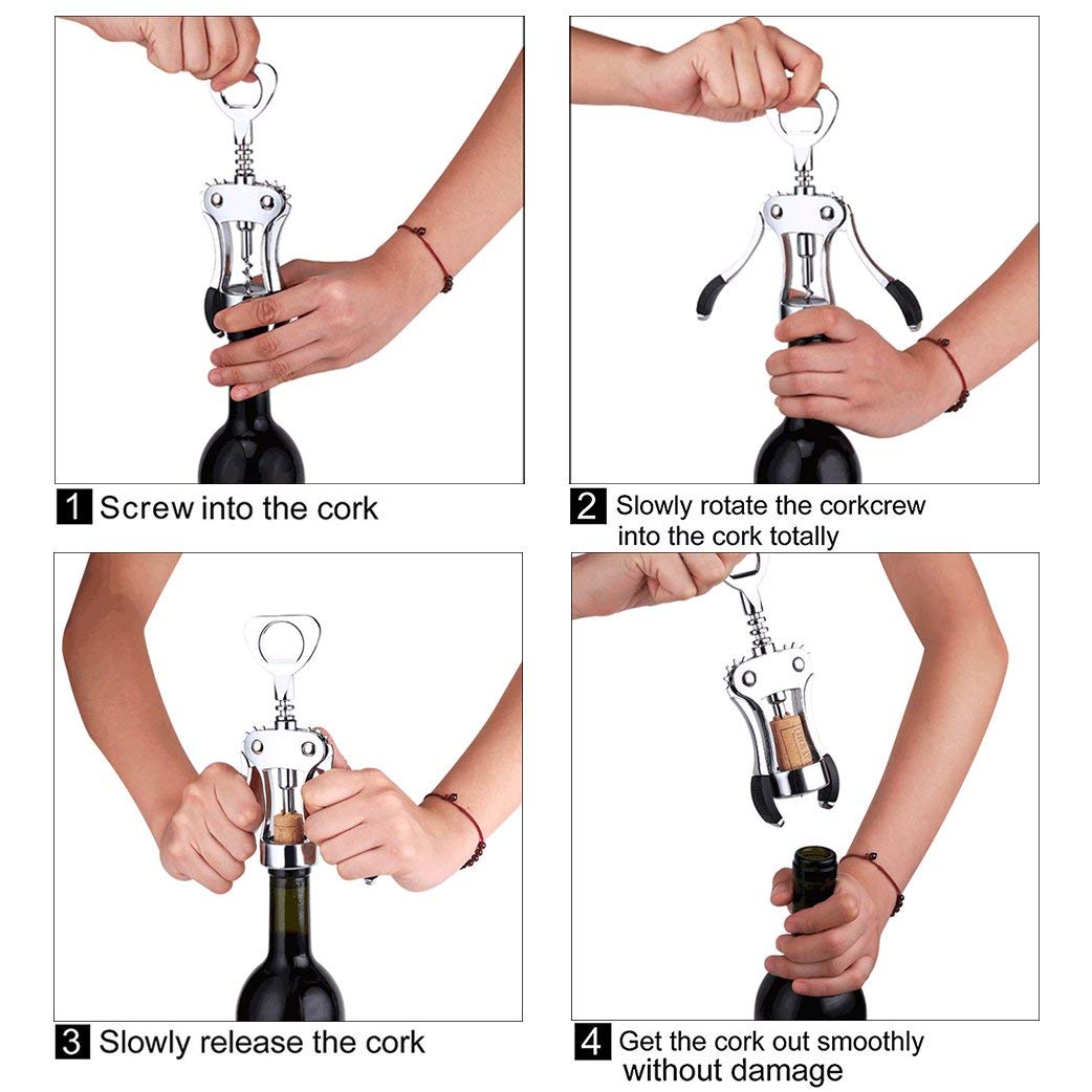 HASTHIP® Multifunctional Wing Corkscrew Wine Bottle Opener for All Cork Stoppered and Beer Cap Bottles Luxury Waiter Corkscrew with Stopper Set