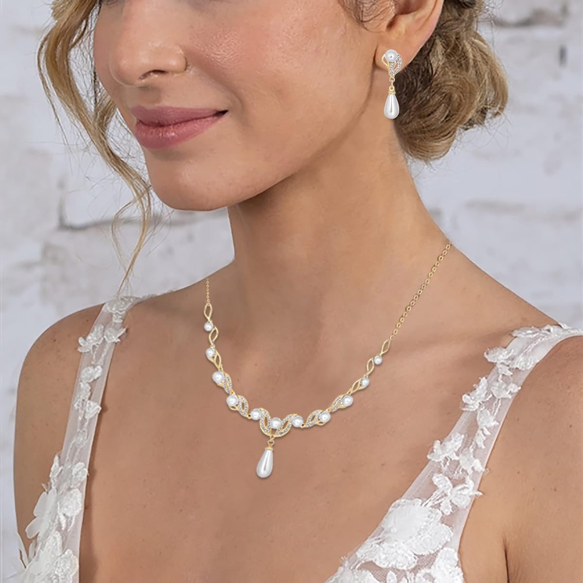 Venzina Pearl Necklace Set for Women with Drop Earrings featuring Rhinestones and Gold Alloy | Elegant Jewellery Gift